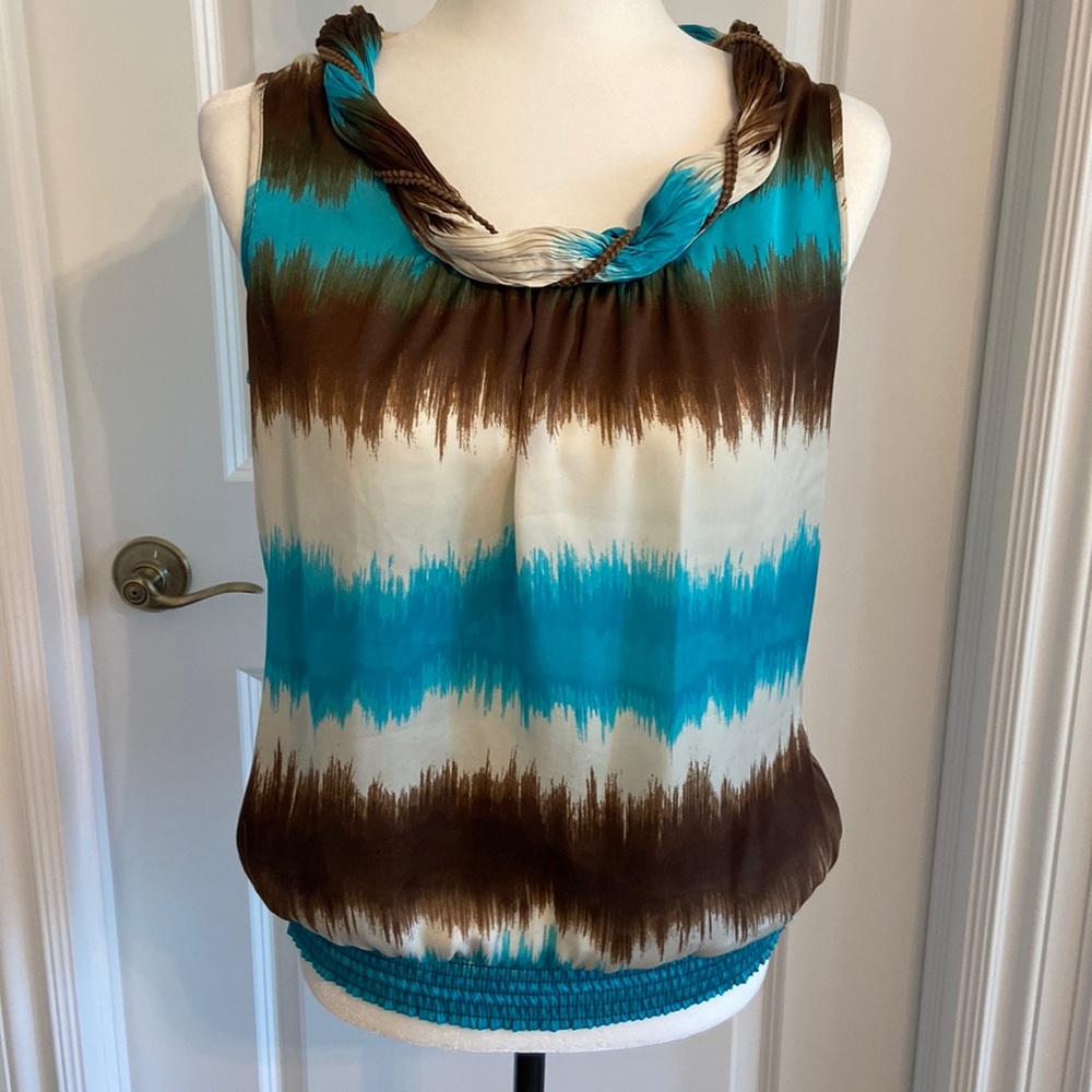 Vintage DressBarn Turquoise, Brown and Cream Roll-neck Top. Size small.
